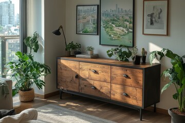 Wall Mural - Modern oak sideboard with black frame and metal legs in living room. White walls and natural light enhance the contemporary design.