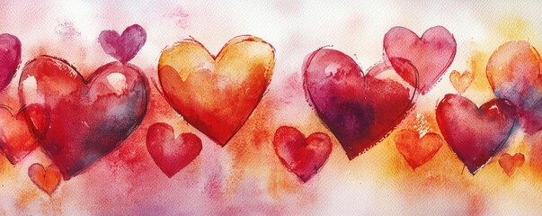 Poster - Hearts watercolor idea. A vibrant watercolor illustration of colorful hearts representing love and passion.