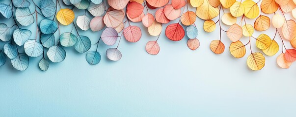 Poster - Geometric watercolor concept. Vibrant leaves in various colors against a soft blue background, creating a serene ambiance.