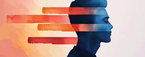 Poster - Geometric watercolor concept. A conceptual illustration of the human mind with vibrant colors and abstract patterns.