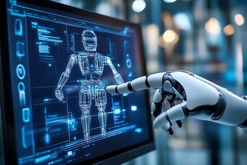 Leinwandbilder - Robotic Hand Interacting with Futuristic Digital Interface of 3D Robot Anatomy Design : Generative AI