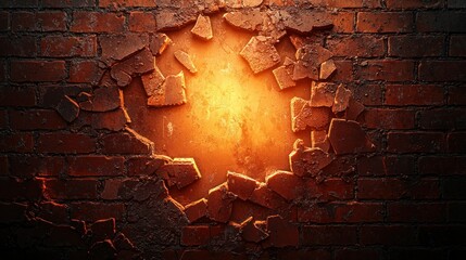 Canvas Print - Broken brick wall, glowing hole, dark background, destruction, texture