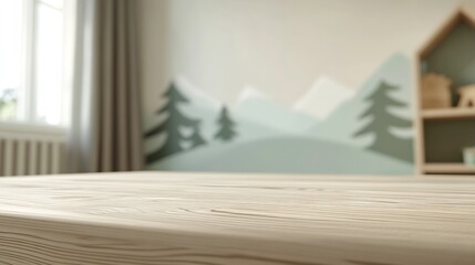 Poster - Minimalist Scandinavian Inspired Interior with Wooden Table and Mountain Murals : Generative AI