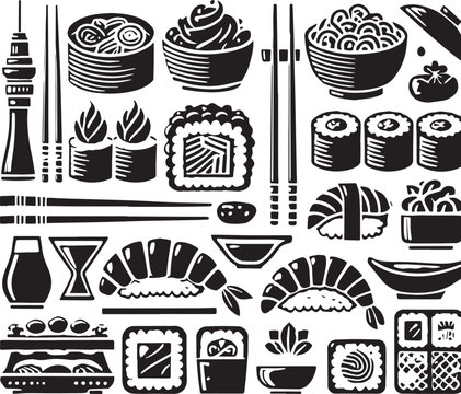 Black Color Sushi Silhouette Vector Illustration, Solid White Background