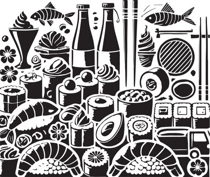 Black Color Sushi Silhouette Vector Illustration, Solid White Background