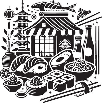 Black Color Sushi Silhouette Vector Illustration, Solid White Background
