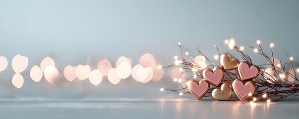Poster - Hearts watercolor idea. Beautiful heart-shaped cookies with string lights, creating a cozy, romantic atmosphere.