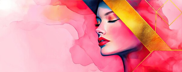 Poster - Geometric watercolor concept. Vibrant abstract portrait of a woman with artistic colors and a modern aesthetic.