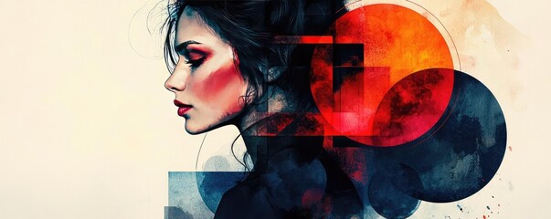 Poster - Geometric watercolor concept. A vibrant artistic portrayal of a woman with bold geometric shapes and colors.
