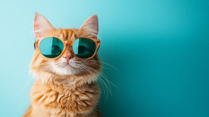 Closeup portrait of funny ginger cat wearing sunglasses isolated on light cyan. Copyspace.