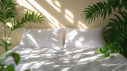 Poster - Fresh and Tranquil Bedroom with Soft Light and Green Plants