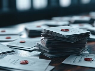 Poster - Valentine's Day love letters scattered on a wooden table, vintage aesthetic, handwritten notes with heart seals, soft sunlight and shadow details, nostalgic and romantic tone