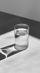 Poster - Sunlight streams through a window, illuminating a clear glass of water. The glass reflects the light beautifully, creating a graceful shadow on the surface beneath it