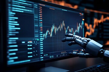 Leinwandbilder - Robotic Hand Monitors Stock Market Data on Advanced Trading Software Interface : Generative AI