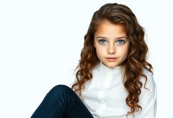 Portrait of a teenage girl with brown hair and blue eyes