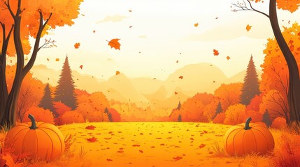 Wall Mural - Autumn landscape with pumpkins and falling leaves.