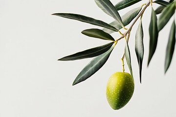 Poster - Green Olive on Branch with Subtle Silver Leaves Against Clean Minimalist Backdrop : Generative AI