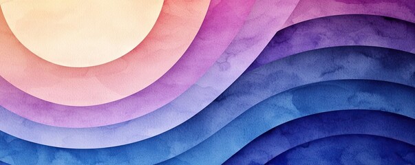 Poster - Geometric watercolor concept. Vibrant abstract waves in shades of pink and blue with a glowing sun.