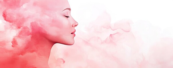 Poster - Light pink watercolor idea. A serene profile of a woman with a dreamy pink cloud background.