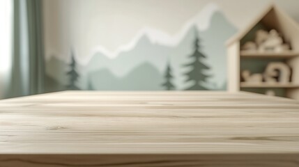 Poster - Wooden Table with Mountain and Forest Themed Wall Mural in Peaceful Interior Setting : Generative AI