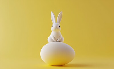 Poster - Minimalist White Bunny on Egg with Yellow Background Symbolizing Easter and Simplicity : Generative AI