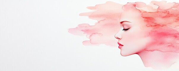 Poster - Light pink watercolor idea. A serene watercolor portrait of a woman with pink flowing hair and a peaceful expression.