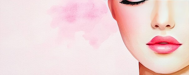 Poster - Light pink watercolor idea. A close-up illustration of a woman's face with pink background, emphasizing beauty.