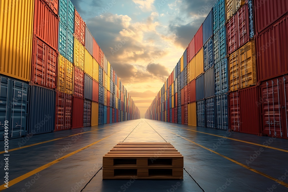 Symmetrical Line of Colorful Shipping Containers under Glorious Sunrise ...