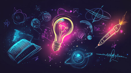Poster - Flat vector creative science concept with different formulas, light bulb, rocket, target, telescope, book, magnifying glass and symbols