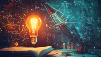 Poster - Flat vector creative science concept with different formulas, light bulb, rocket, target, telescope, book, magnifying glass and symbols