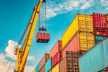 Poster - Industrial Crane Handling Cargo Containers at Vibrant Shipping Port : Generative AI