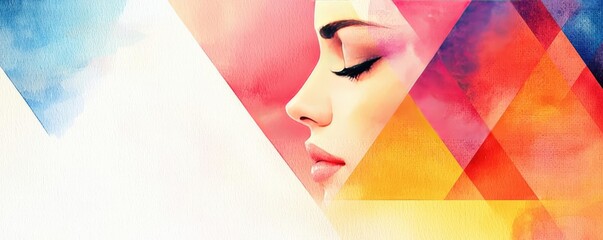 Poster - Geometric watercolor concept. A serene abstract portrait expressing calmness through vibrant colors and geometric shapes.