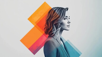 Poster - Geometric watercolor concept. Stylish woman in profile against abstract geometric background.