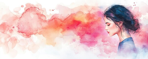 Aufkleber - Geometric watercolor concept. A serene watercolor portrait of a young woman lost in thought amidst colorful splashes.