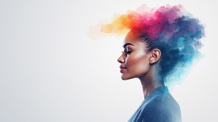 Aufkleber - Geometric watercolor concept. A creative portrait of a woman with colorful hair and a modern style.