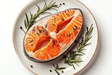 Aufkleber - Perfectly Cooked Salmon Steak with Fresh Rosemary and Seasoning on Ceramic Plate : Generative AI