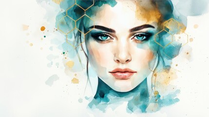 Poster - Geometric watercolor concept. A captivating watercolor portrait of a woman with striking blue eyes and artistic flair.
