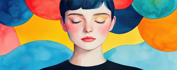 Poster - Geometric watercolor concept. A serene portrait illustrating tranquility and mindfulness with colorful abstract shapes.