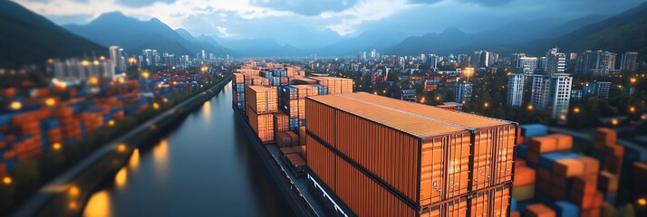 Aufkleber - Scenic Overview of Container Yard and City Skyline at Night with Illuminated Skies : Generative AI