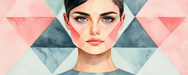 Poster - Geometric watercolor concept. Stylized portrait of a woman with geometric watercolor background.