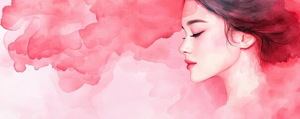 Poster - Light pink watercolor idea. Beautiful woman in profile with soft watercolor background in warm pink tones.