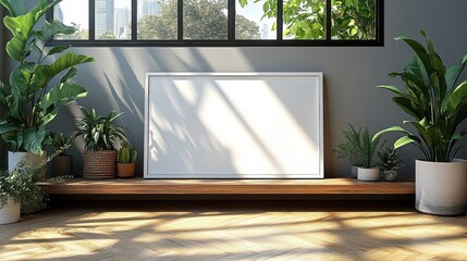 Poster - Bright and Modern Indoor Space with Plants and Empty Framed Canvas