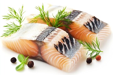Aufkleber - Fresh Salmon Fillet with Herbs and Peppercorns on White Background : Generative AI