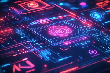 Poster - Futuristic Circuit Board Design with Neon Glow and Digital Elements in Blue and Pink Lights : Generative AI
