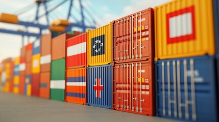 Poster - Colorful Cargo Containers Lined Up at Shipping Port Awaiting Global Distribution : Generative AI