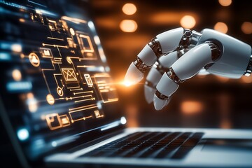 Aufkleber - Robotic Hand Operating on Laptop with Cutting-Edge Interface in a Digital World : Generative AI