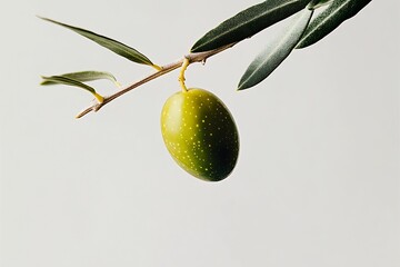 Aufkleber - Close Up of a Single Green Olive Hanging on a Branch with Leaves Against a Light Background : Generative AI