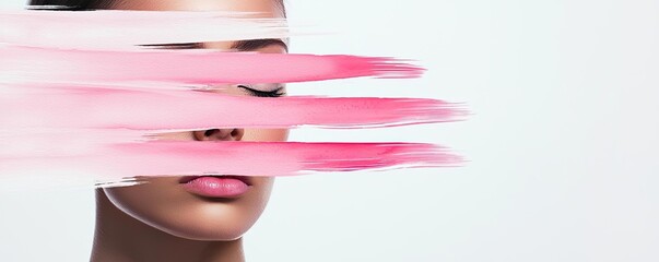 Poster - Light pink watercolor idea. Abstract beauty portrait with artistic brush strokes in pink tones on a serene face.