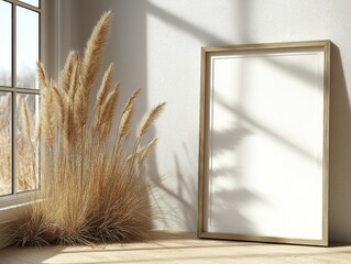 Poster - Minimalist Room Decor with Empty Frame and Dried Grass Arrangement