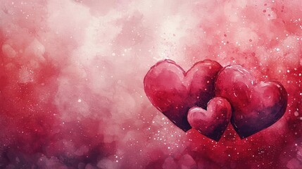 Poster - Hearts watercolor idea. A romantic background featuring three red hearts with a dreamy pink ambiance.